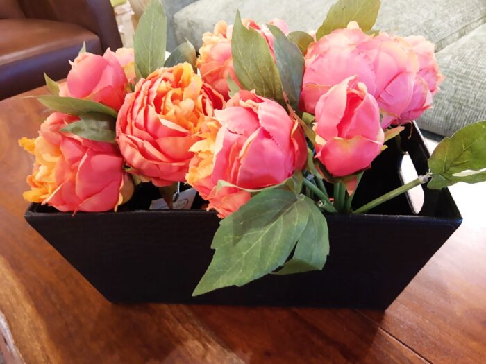 Black Basket with Orange Peonies